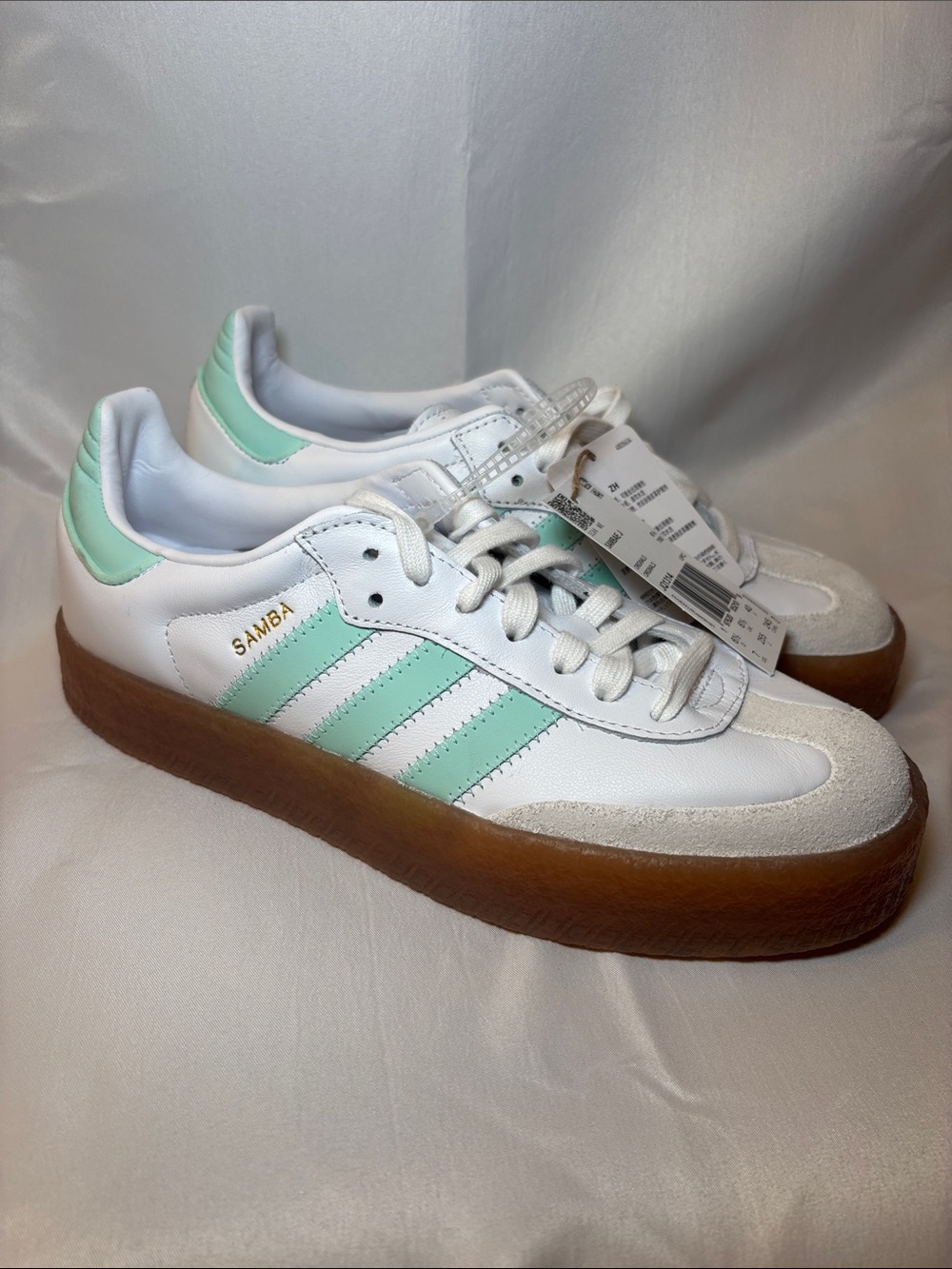 adidas Sambae Sneakers — White with Mint Green Stripes